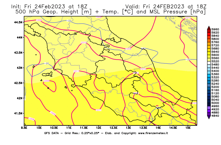 Mappa di analisi GFS - Geopotenziale [m] + Temp. [°C] a 500 hPa + Press. a livello del mare [hPa] in Centro-Italia
							del 24/02/2023 18 <!--googleoff: index-->UTC<!--googleon: index-->