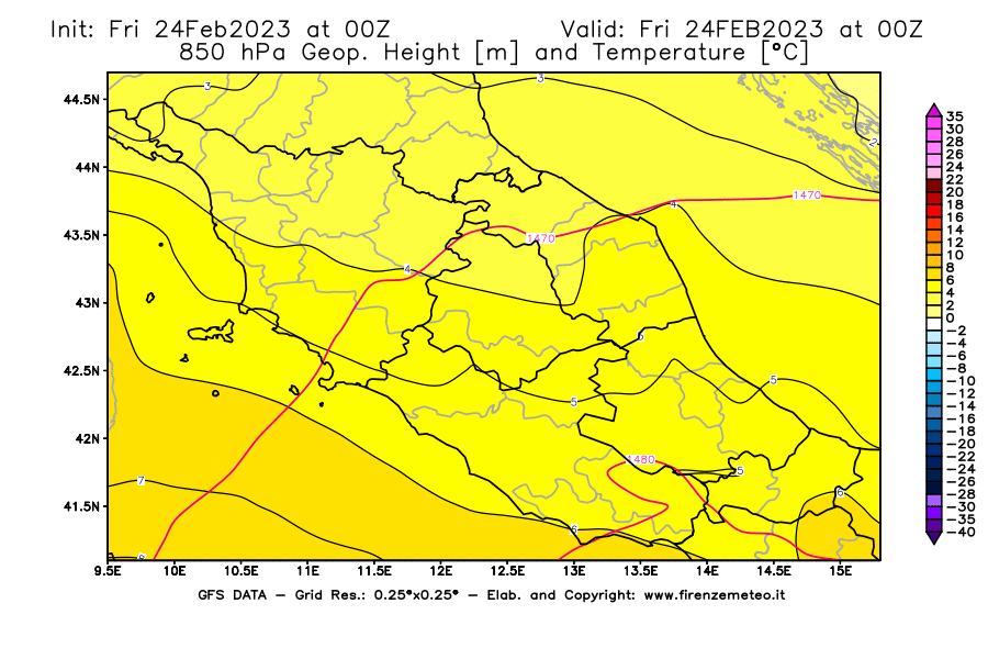 Mappa di analisi GFS - Geopotenziale [m] e Temperatura [°C] a 850 hPa in Centro-Italia
							del 24/02/2023 00 <!--googleoff: index-->UTC<!--googleon: index-->