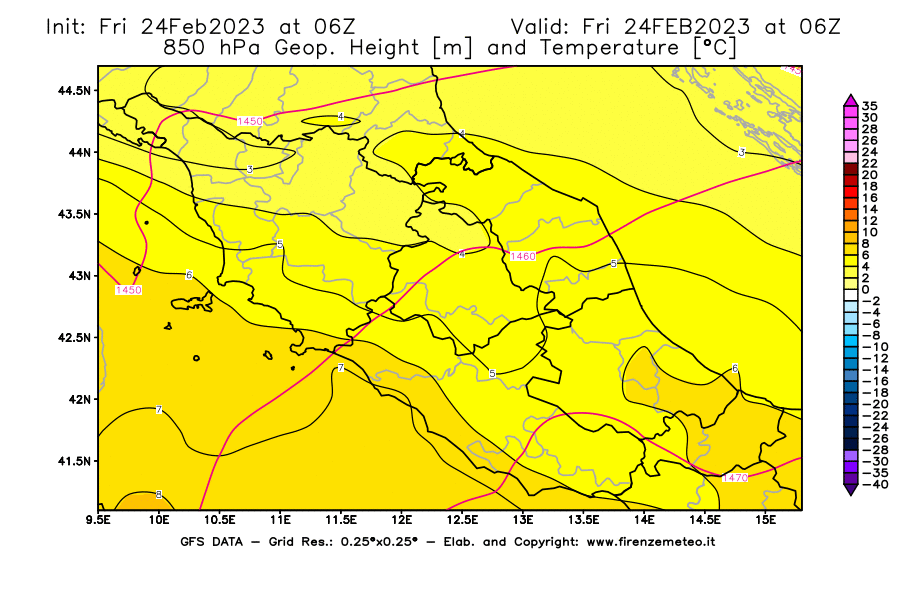 Mappa di analisi GFS - Geopotenziale [m] e Temperatura [°C] a 850 hPa in Centro-Italia
							del 24/02/2023 06 <!--googleoff: index-->UTC<!--googleon: index-->