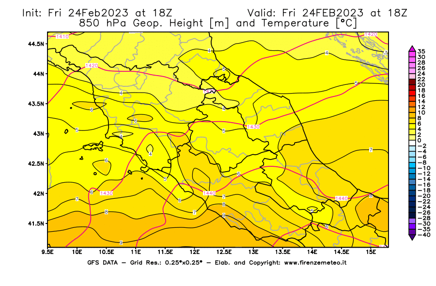 Mappa di analisi GFS - Geopotenziale [m] e Temperatura [°C] a 850 hPa in Centro-Italia
							del 24/02/2023 18 <!--googleoff: index-->UTC<!--googleon: index-->