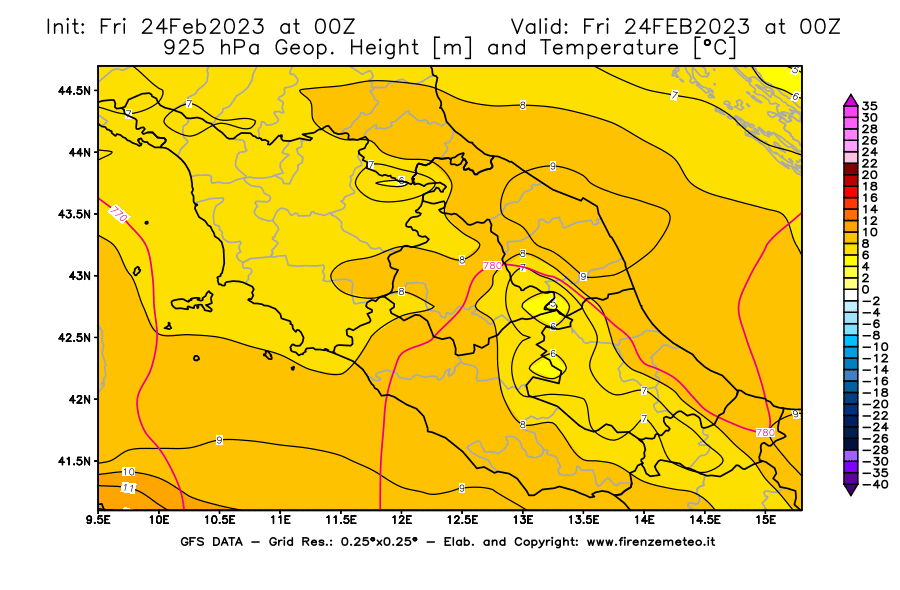 Mappa di analisi GFS - Geopotenziale [m] e Temperatura [°C] a 925 hPa in Centro-Italia
							del 24/02/2023 00 <!--googleoff: index-->UTC<!--googleon: index-->