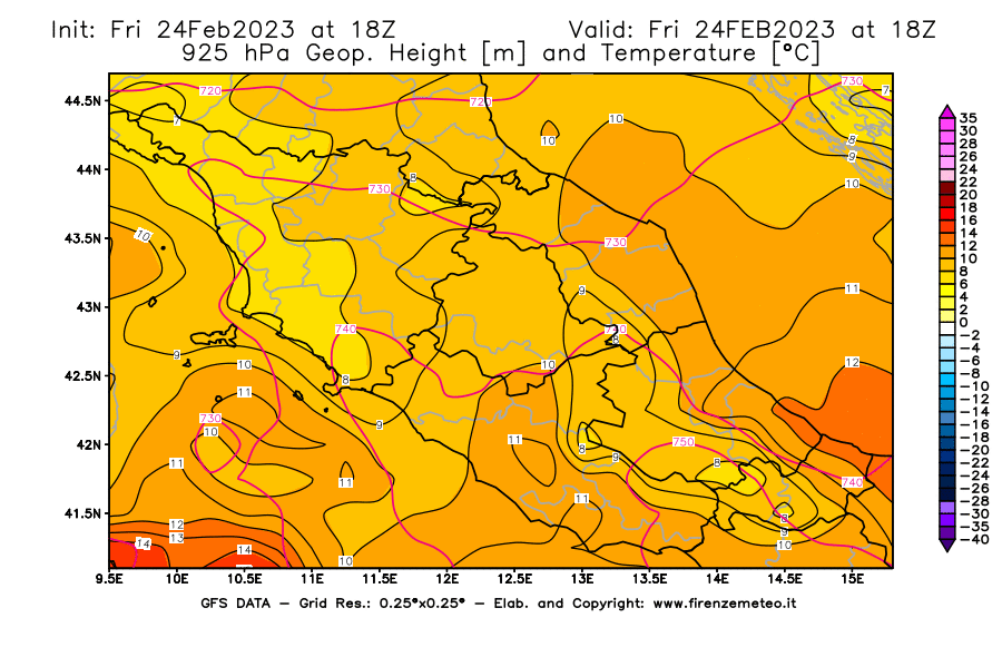 Mappa di analisi GFS - Geopotenziale [m] e Temperatura [°C] a 925 hPa in Centro-Italia
							del 24/02/2023 18 <!--googleoff: index-->UTC<!--googleon: index-->