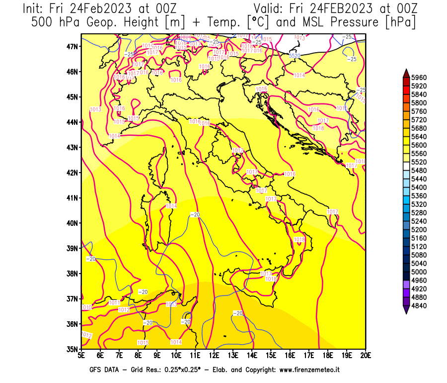 Mappa di analisi GFS - Geopotenziale [m] + Temp. [°C] a 500 hPa + Press. a livello del mare [hPa] in Italia
							del 24/02/2023 00 <!--googleoff: index-->UTC<!--googleon: index-->