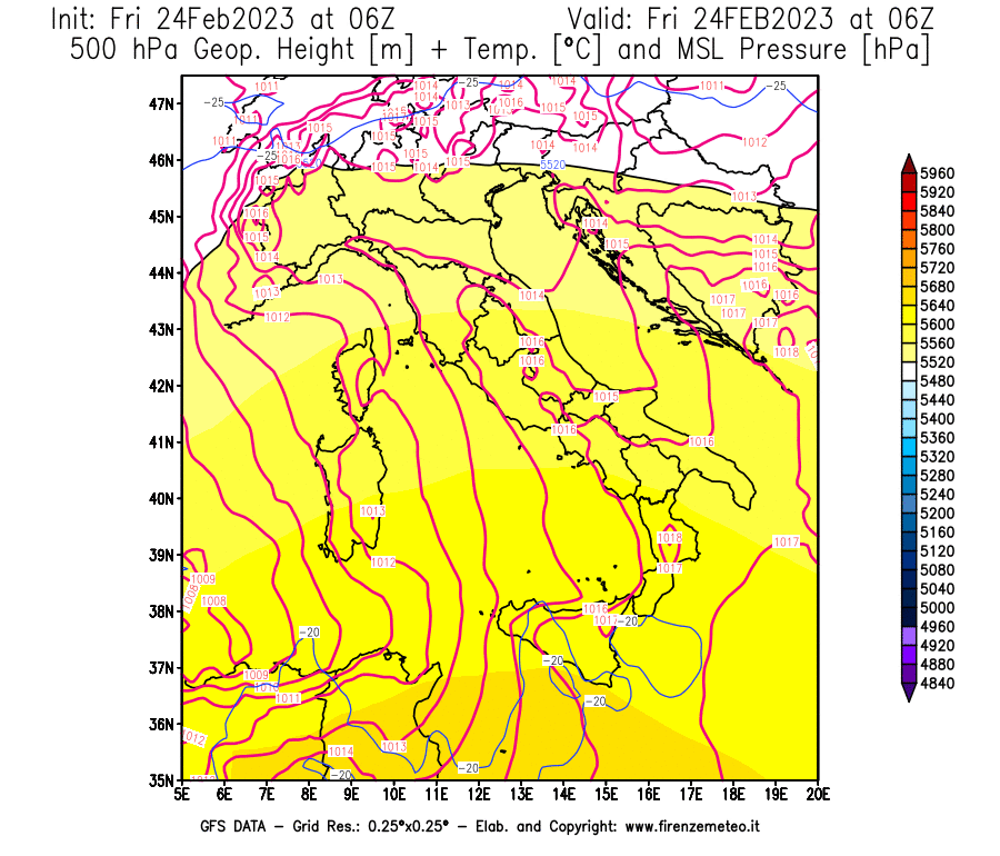 Mappa di analisi GFS - Geopotenziale [m] + Temp. [°C] a 500 hPa + Press. a livello del mare [hPa] in Italia
							del 24/02/2023 06 <!--googleoff: index-->UTC<!--googleon: index-->