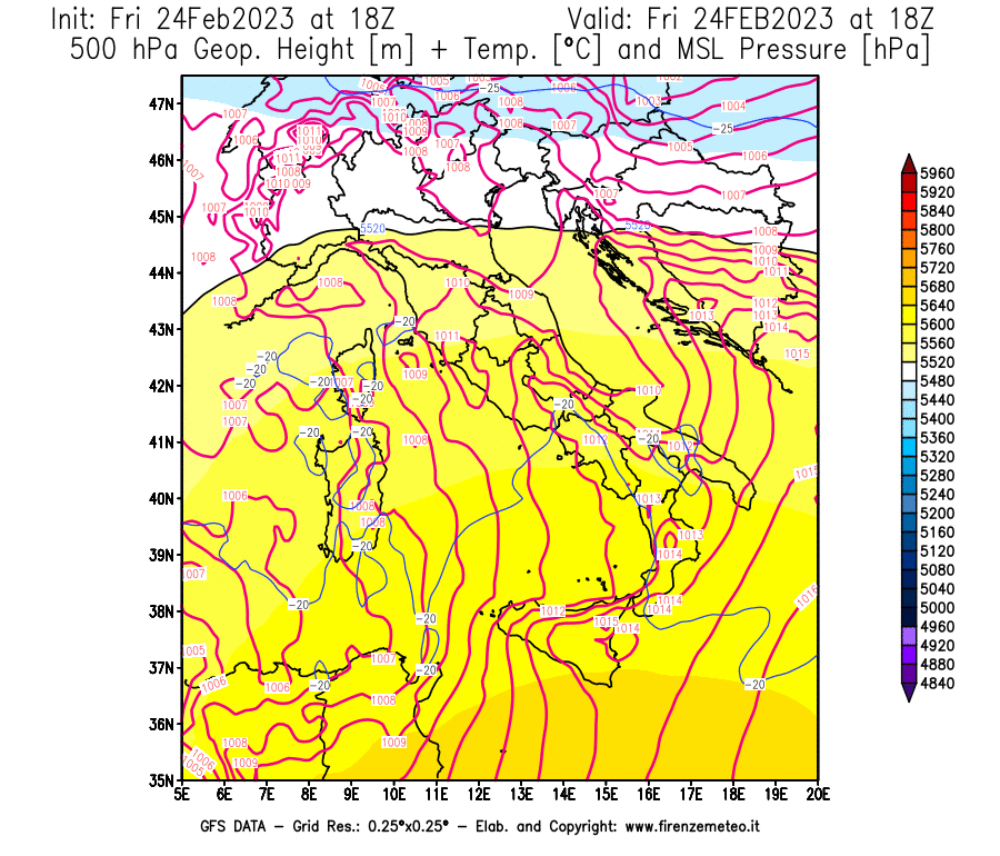 Mappa di analisi GFS - Geopotenziale [m] + Temp. [°C] a 500 hPa + Press. a livello del mare [hPa] in Italia
							del 24/02/2023 18 <!--googleoff: index-->UTC<!--googleon: index-->