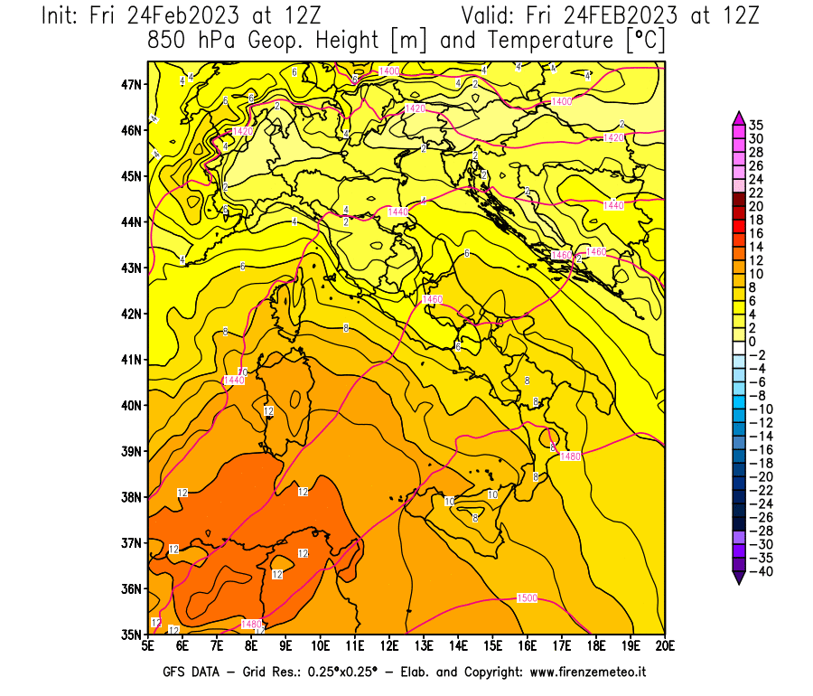 Mappa di analisi GFS - Geopotenziale [m] e Temperatura [°C] a 850 hPa in Italia
							del 24/02/2023 12 <!--googleoff: index-->UTC<!--googleon: index-->
