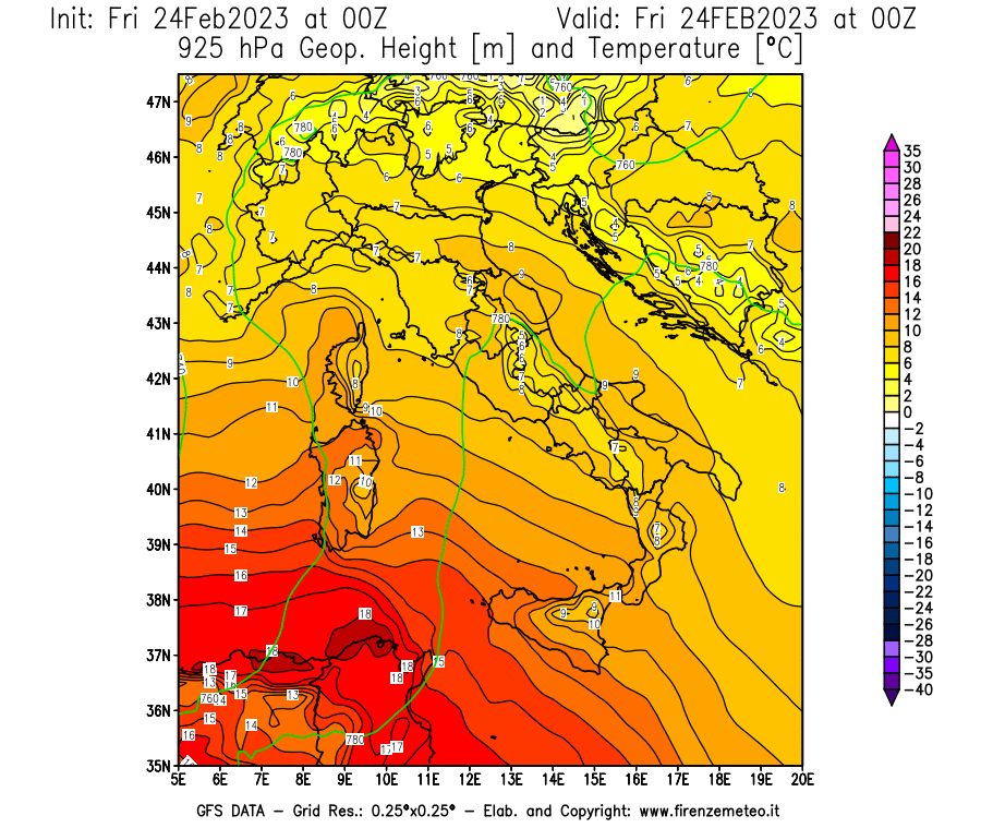 Mappa di analisi GFS - Geopotenziale [m] e Temperatura [°C] a 925 hPa in Italia
							del 24/02/2023 00 <!--googleoff: index-->UTC<!--googleon: index-->