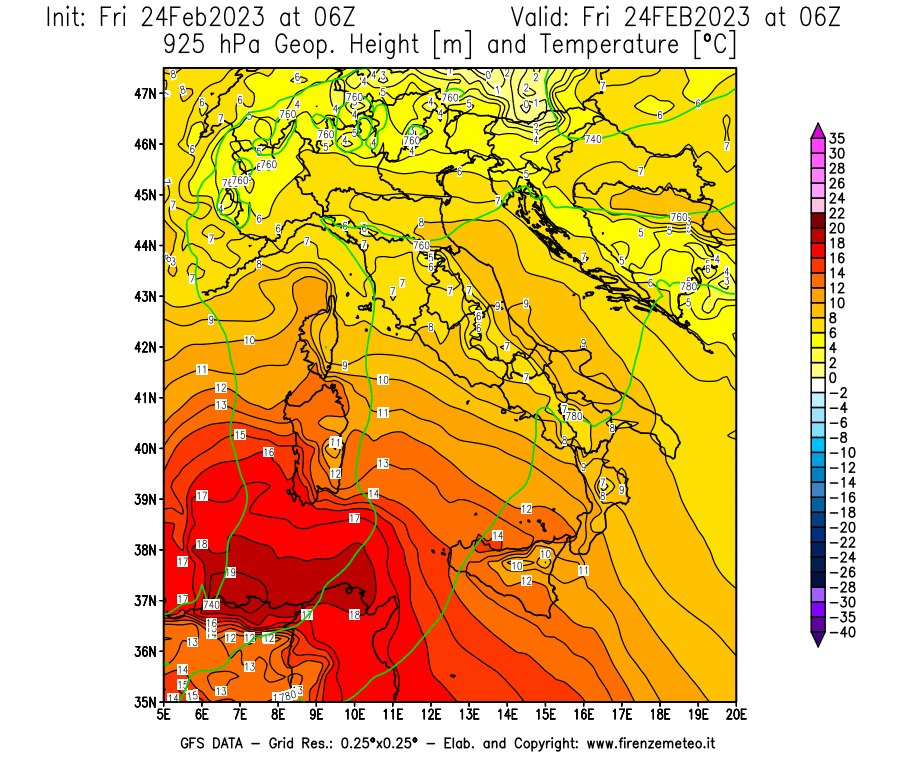 Mappa di analisi GFS - Geopotenziale [m] e Temperatura [°C] a 925 hPa in Italia
							del 24/02/2023 06 <!--googleoff: index-->UTC<!--googleon: index-->