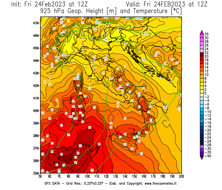 Mappa di analisi GFS - Geopotenziale [m] e Temperatura [°C] a 925 hPa in Italia
							del 24/02/2023 12 <!--googleoff: index-->UTC<!--googleon: index-->