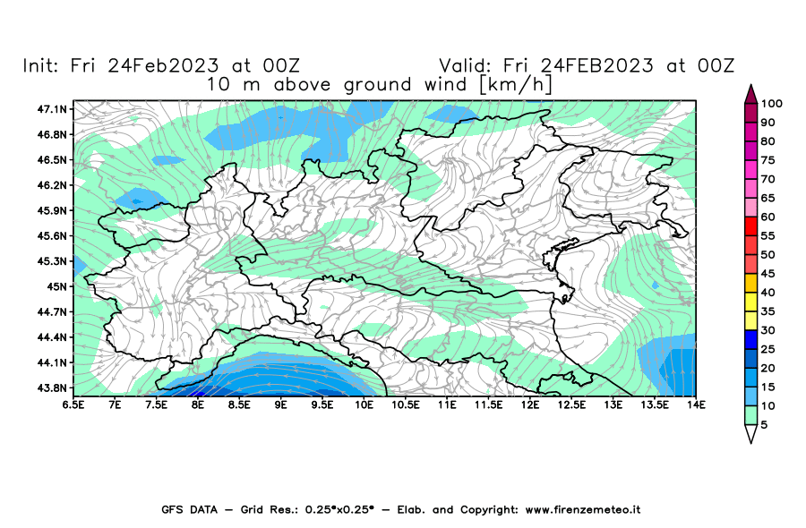 Mappa di analisi GFS - Velocità del vento a 10 metri dal suolo [km/h] in Nord-Italia
							del 24/02/2023 00 <!--googleoff: index-->UTC<!--googleon: index-->