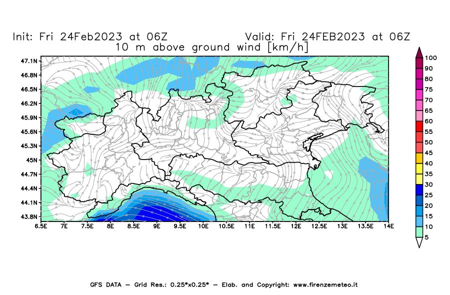 Mappa di analisi GFS - Velocità del vento a 10 metri dal suolo [km/h] in Nord-Italia
							del 24/02/2023 06 <!--googleoff: index-->UTC<!--googleon: index-->