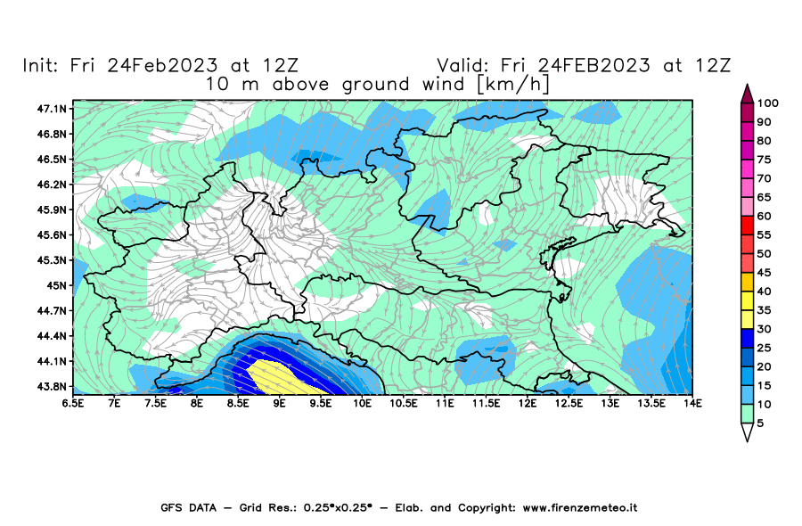 Mappa di analisi GFS - Velocità del vento a 10 metri dal suolo [km/h] in Nord-Italia
							del 24/02/2023 12 <!--googleoff: index-->UTC<!--googleon: index-->