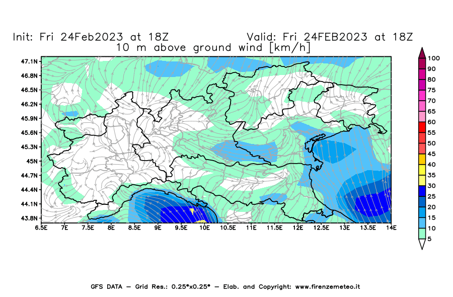 Mappa di analisi GFS - Velocità del vento a 10 metri dal suolo [km/h] in Nord-Italia
							del 24/02/2023 18 <!--googleoff: index-->UTC<!--googleon: index-->