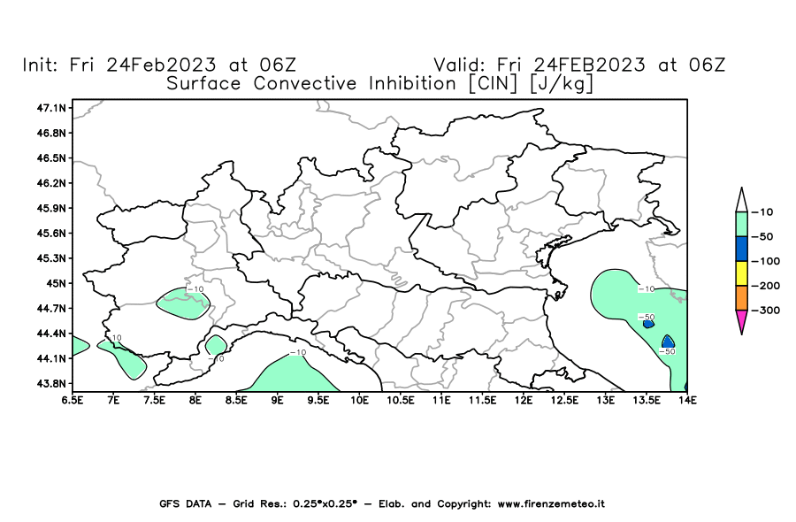 Mappa di analisi GFS - CIN [J/kg] in Nord-Italia
							del 24/02/2023 06 <!--googleoff: index-->UTC<!--googleon: index-->