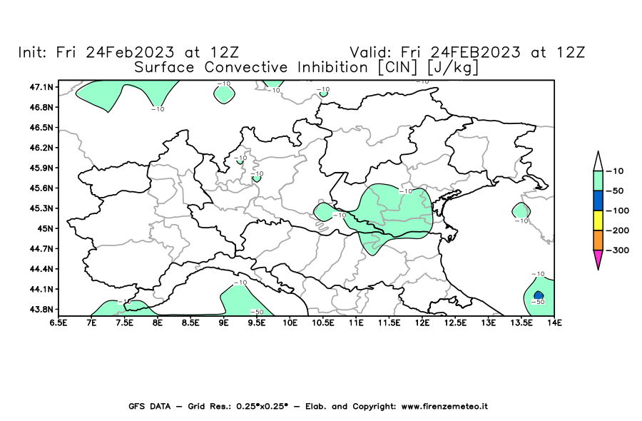 Mappa di analisi GFS - CIN [J/kg] in Nord-Italia
							del 24/02/2023 12 <!--googleoff: index-->UTC<!--googleon: index-->