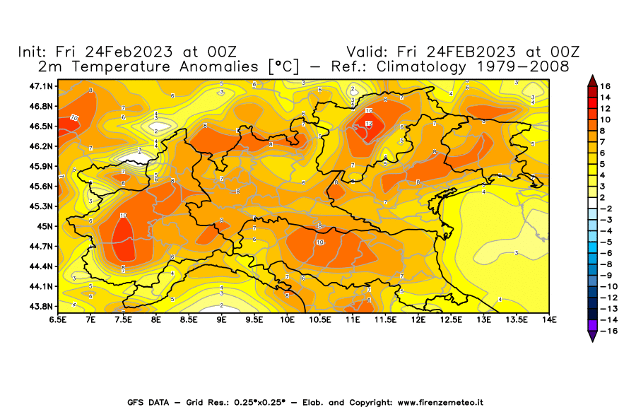 Mappa di analisi GFS - Anomalia Temperatura [°C] a 2 m in Nord-Italia
							del 24/02/2023 00 <!--googleoff: index-->UTC<!--googleon: index-->