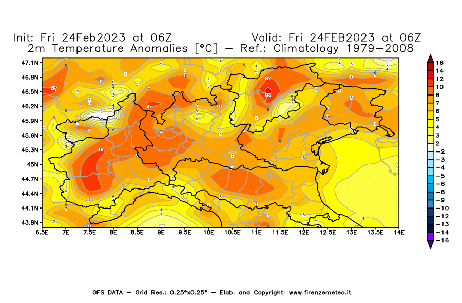 Mappa di analisi GFS - Anomalia Temperatura [°C] a 2 m in Nord-Italia
							del 24/02/2023 06 <!--googleoff: index-->UTC<!--googleon: index-->