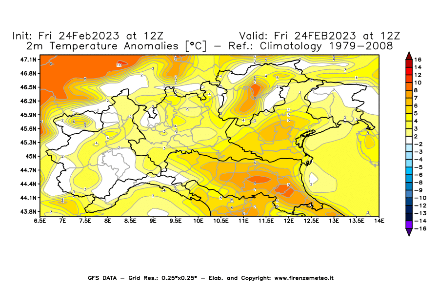 Mappa di analisi GFS - Anomalia Temperatura [°C] a 2 m in Nord-Italia
							del 24/02/2023 12 <!--googleoff: index-->UTC<!--googleon: index-->