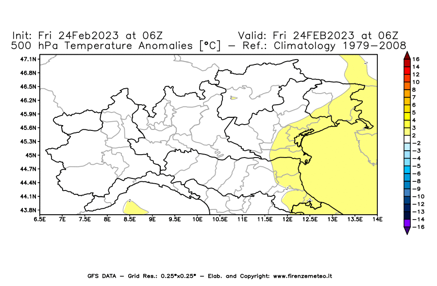 Mappa di analisi GFS - Anomalia Temperatura [°C] a 500 hPa in Nord-Italia
							del 24/02/2023 06 <!--googleoff: index-->UTC<!--googleon: index-->