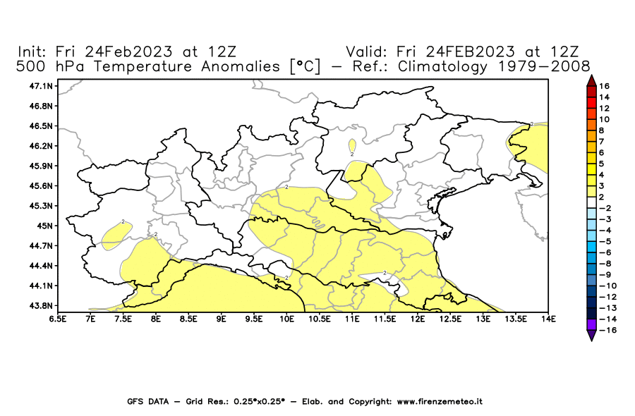 Mappa di analisi GFS - Anomalia Temperatura [°C] a 500 hPa in Nord-Italia
							del 24/02/2023 12 <!--googleoff: index-->UTC<!--googleon: index-->