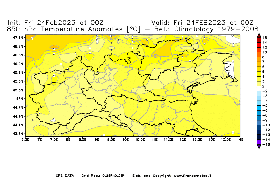 Mappa di analisi GFS - Anomalia Temperatura [°C] a 850 hPa in Nord-Italia
							del 24/02/2023 00 <!--googleoff: index-->UTC<!--googleon: index-->