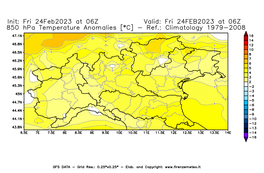 Mappa di analisi GFS - Anomalia Temperatura [°C] a 850 hPa in Nord-Italia
							del 24/02/2023 06 <!--googleoff: index-->UTC<!--googleon: index-->