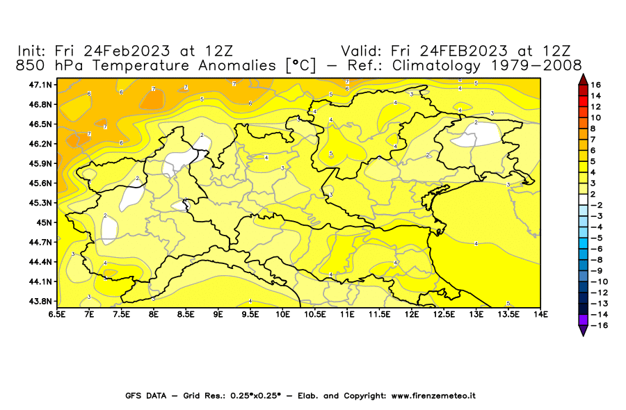 Mappa di analisi GFS - Anomalia Temperatura [°C] a 850 hPa in Nord-Italia
							del 24/02/2023 12 <!--googleoff: index-->UTC<!--googleon: index-->