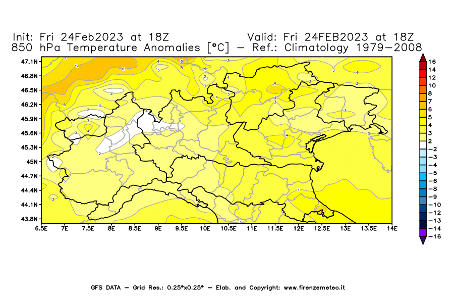Mappa di analisi GFS - Anomalia Temperatura [°C] a 850 hPa in Nord-Italia
							del 24/02/2023 18 <!--googleoff: index-->UTC<!--googleon: index-->