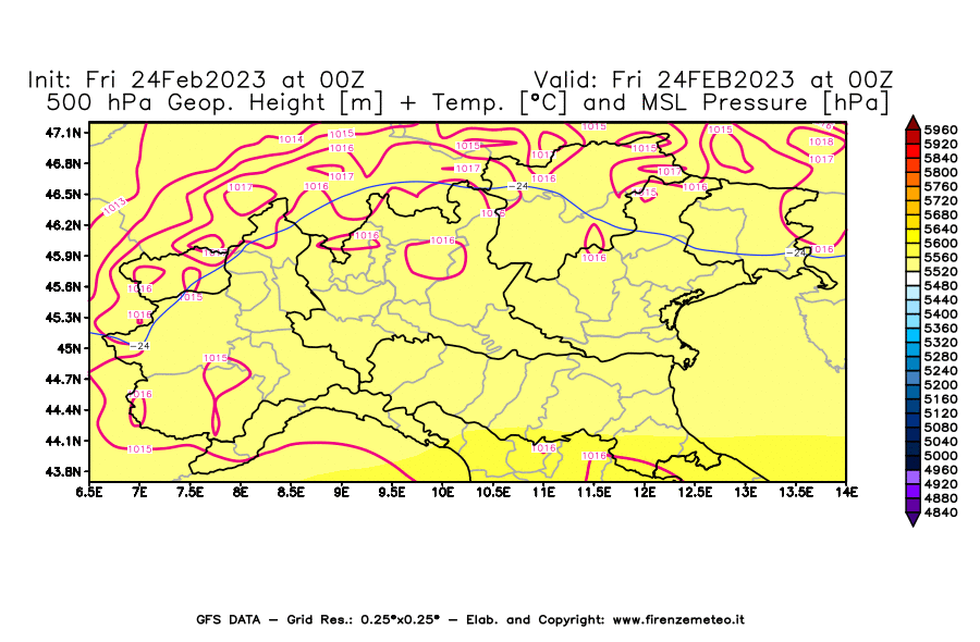 Mappa di analisi GFS - Geopotenziale [m] + Temp. [°C] a 500 hPa + Press. a livello del mare [hPa] in Nord-Italia
							del 24/02/2023 00 <!--googleoff: index-->UTC<!--googleon: index-->
