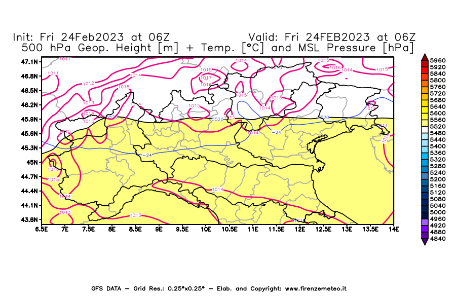 Mappa di analisi GFS - Geopotenziale [m] + Temp. [°C] a 500 hPa + Press. a livello del mare [hPa] in Nord-Italia
							del 24/02/2023 06 <!--googleoff: index-->UTC<!--googleon: index-->