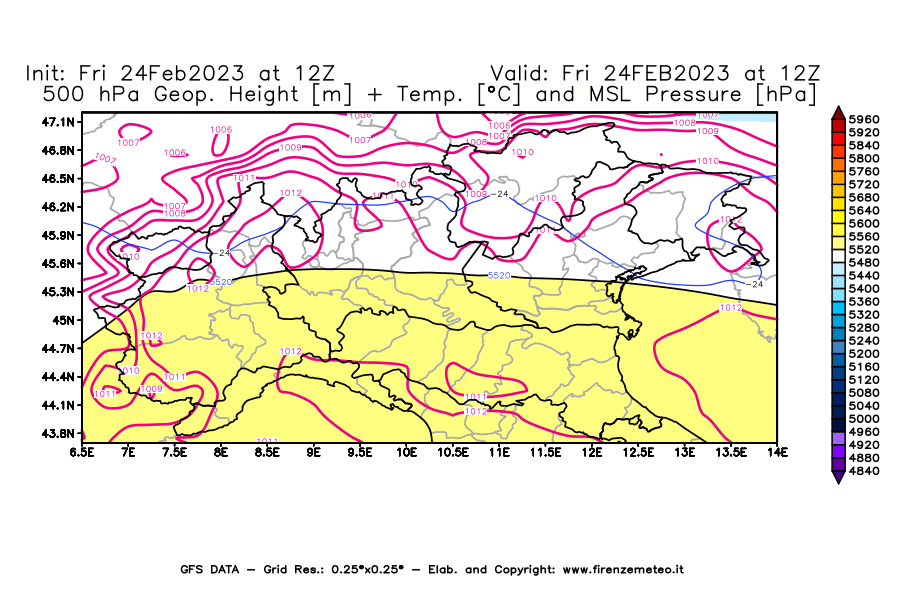 Mappa di analisi GFS - Geopotenziale [m] + Temp. [°C] a 500 hPa + Press. a livello del mare [hPa] in Nord-Italia
							del 24/02/2023 12 <!--googleoff: index-->UTC<!--googleon: index-->