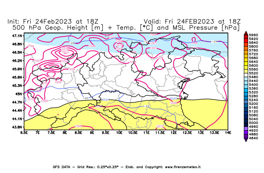Mappa di analisi GFS - Geopotenziale [m] + Temp. [°C] a 500 hPa + Press. a livello del mare [hPa] in Nord-Italia
							del 24/02/2023 18 <!--googleoff: index-->UTC<!--googleon: index-->