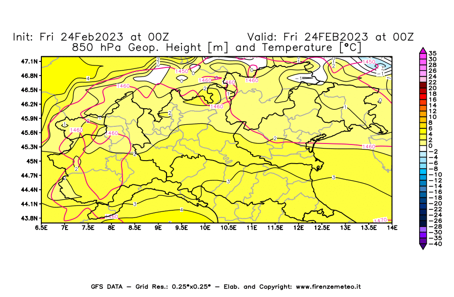 Mappa di analisi GFS - Geopotenziale [m] e Temperatura [°C] a 850 hPa in Nord-Italia
							del 24/02/2023 00 <!--googleoff: index-->UTC<!--googleon: index-->