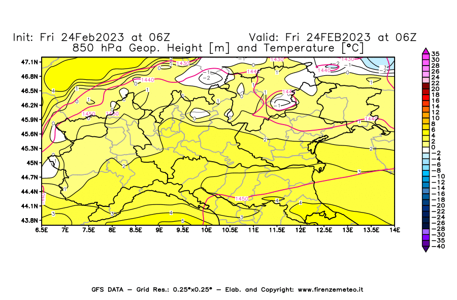 Mappa di analisi GFS - Geopotenziale [m] e Temperatura [°C] a 850 hPa in Nord-Italia
							del 24/02/2023 06 <!--googleoff: index-->UTC<!--googleon: index-->