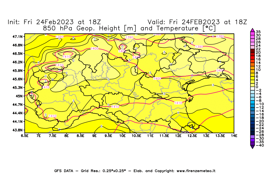 Mappa di analisi GFS - Geopotenziale [m] e Temperatura [°C] a 850 hPa in Nord-Italia
							del 24/02/2023 18 <!--googleoff: index-->UTC<!--googleon: index-->
