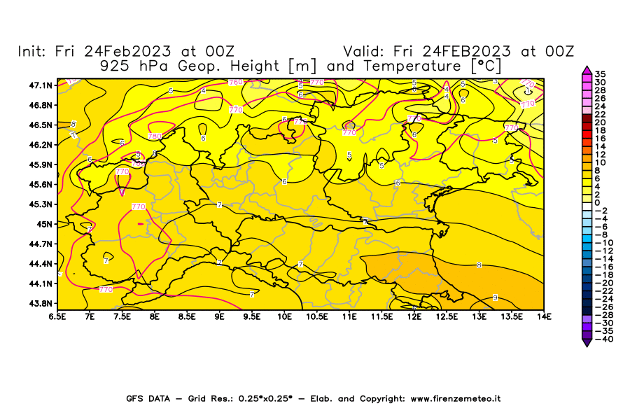 Mappa di analisi GFS - Geopotenziale [m] e Temperatura [°C] a 925 hPa in Nord-Italia
							del 24/02/2023 00 <!--googleoff: index-->UTC<!--googleon: index-->