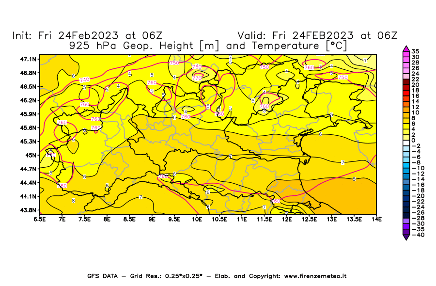 Mappa di analisi GFS - Geopotenziale [m] e Temperatura [°C] a 925 hPa in Nord-Italia
							del 24/02/2023 06 <!--googleoff: index-->UTC<!--googleon: index-->