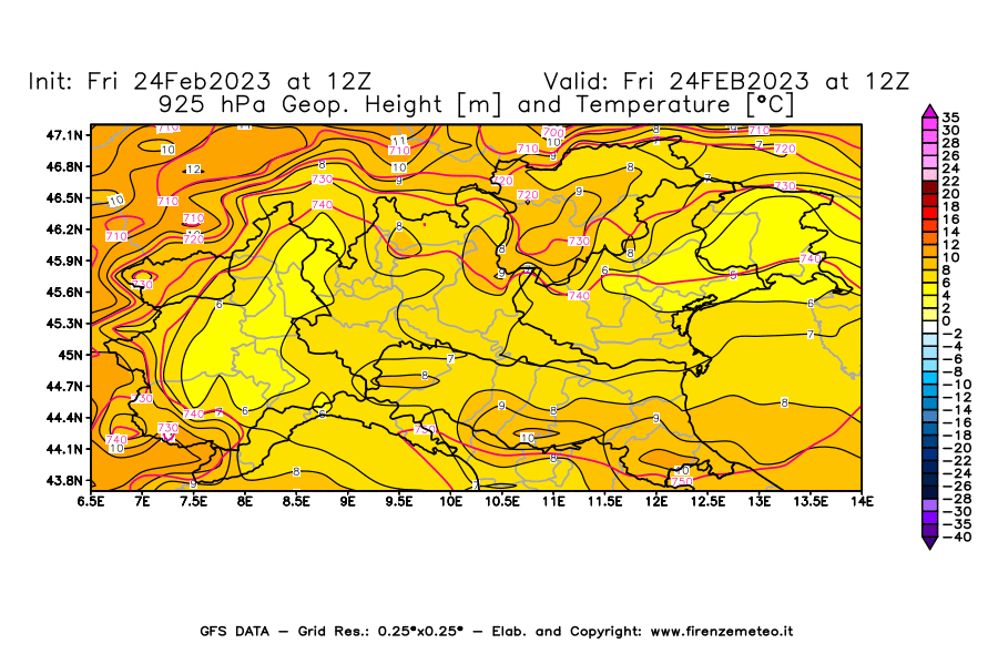 Mappa di analisi GFS - Geopotenziale [m] e Temperatura [°C] a 925 hPa in Nord-Italia
							del 24/02/2023 12 <!--googleoff: index-->UTC<!--googleon: index-->