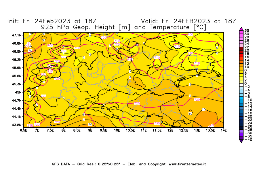 Mappa di analisi GFS - Geopotenziale [m] e Temperatura [°C] a 925 hPa in Nord-Italia
							del 24/02/2023 18 <!--googleoff: index-->UTC<!--googleon: index-->