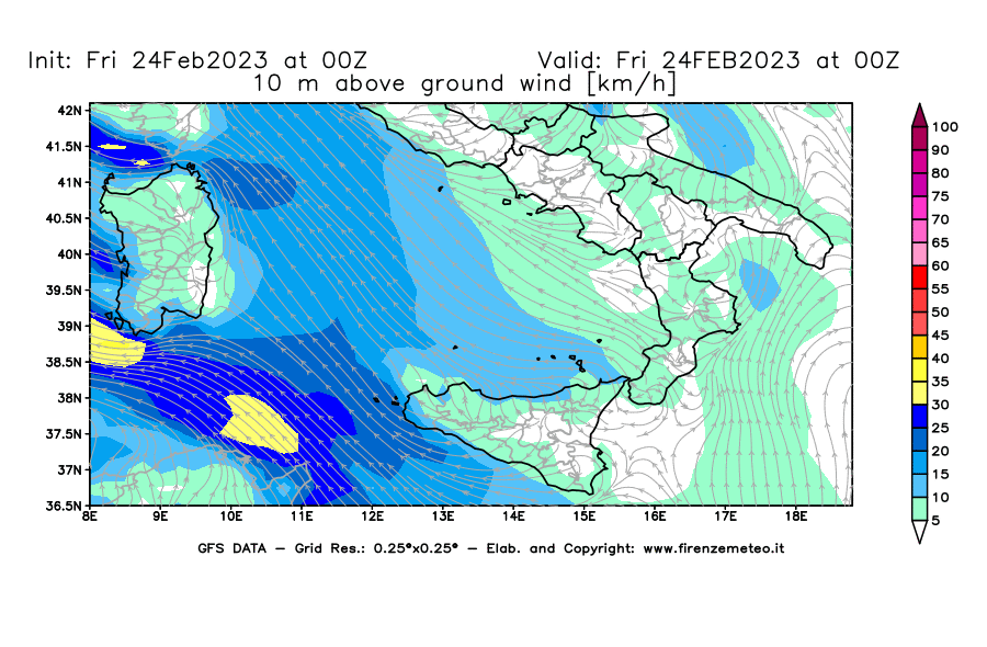 Mappa di analisi GFS - Velocità del vento a 10 metri dal suolo [km/h] in Sud-Italia
							del 24/02/2023 00 <!--googleoff: index-->UTC<!--googleon: index-->