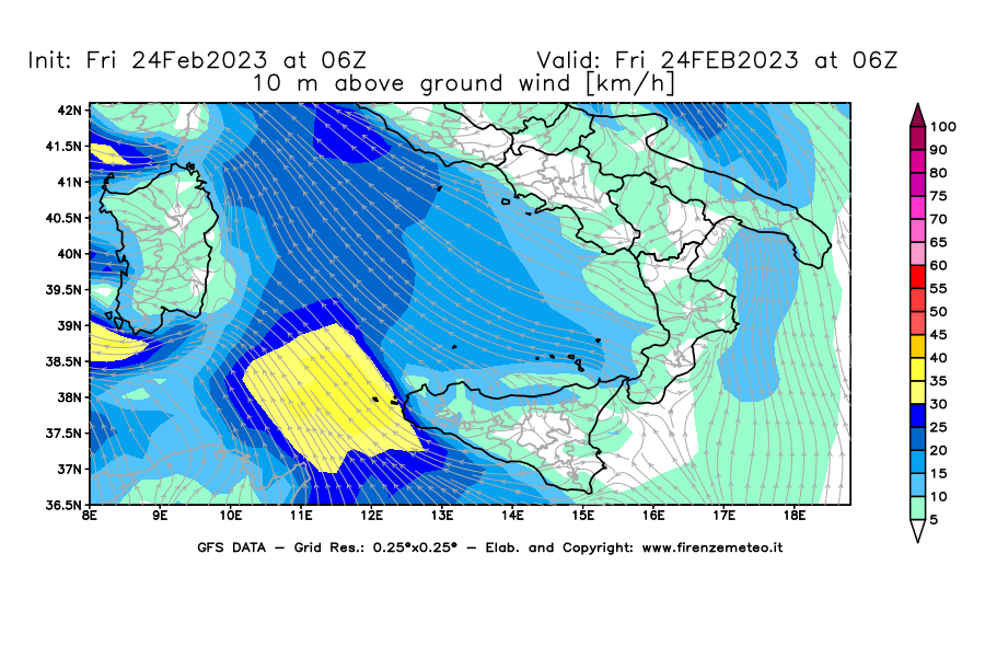 Mappa di analisi GFS - Velocità del vento a 10 metri dal suolo [km/h] in Sud-Italia
							del 24/02/2023 06 <!--googleoff: index-->UTC<!--googleon: index-->