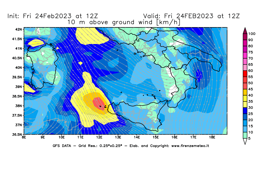 Mappa di analisi GFS - Velocità del vento a 10 metri dal suolo [km/h] in Sud-Italia
							del 24/02/2023 12 <!--googleoff: index-->UTC<!--googleon: index-->
