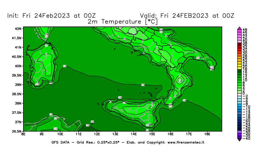 Mappa di analisi GFS - Temperatura a 2 metri dal suolo [°C] in Sud-Italia
							del 24/02/2023 00 <!--googleoff: index-->UTC<!--googleon: index-->