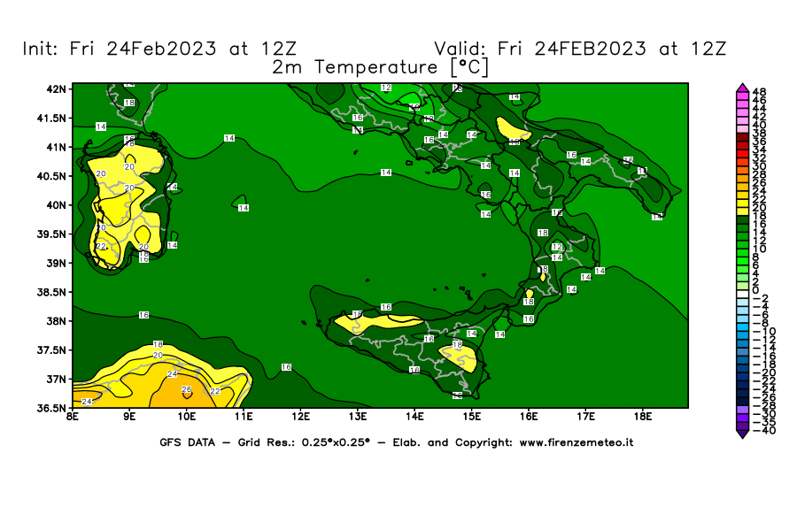 Mappa di analisi GFS - Temperatura a 2 metri dal suolo [°C] in Sud-Italia
							del 24/02/2023 12 <!--googleoff: index-->UTC<!--googleon: index-->