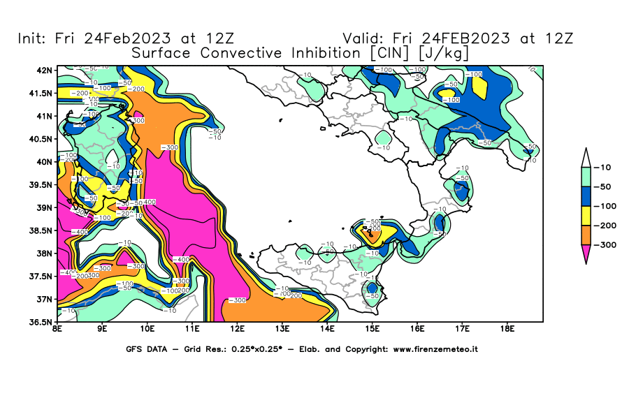 Mappa di analisi GFS - CIN [J/kg] in Sud-Italia
							del 24/02/2023 12 <!--googleoff: index-->UTC<!--googleon: index-->