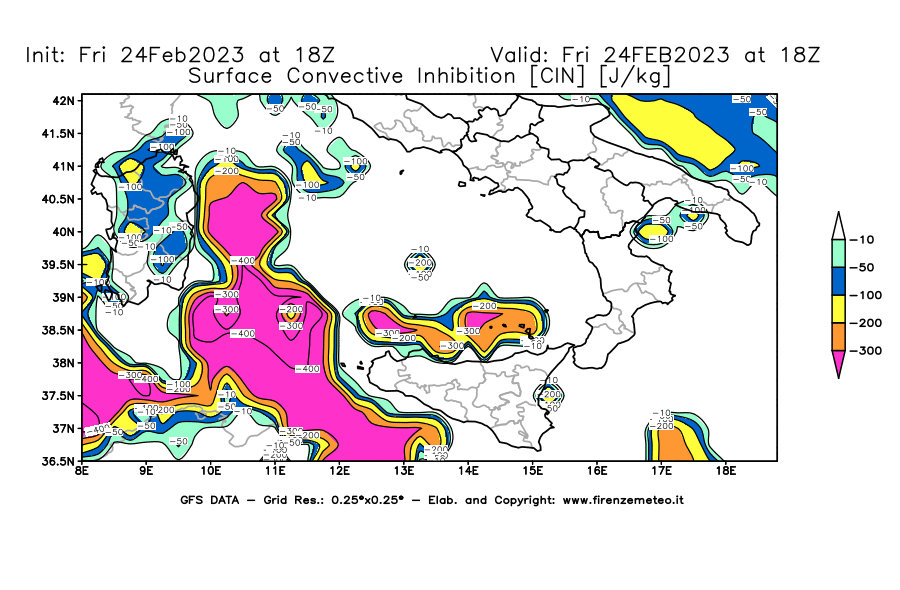 Mappa di analisi GFS - CIN [J/kg] in Sud-Italia
							del 24/02/2023 18 <!--googleoff: index-->UTC<!--googleon: index-->