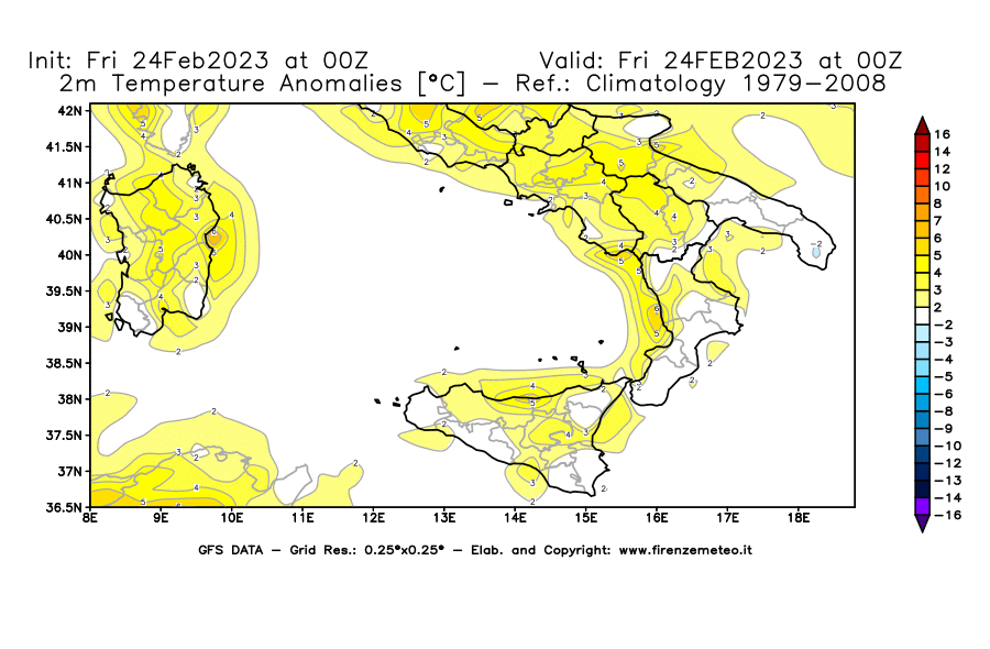 Mappa di analisi GFS - Anomalia Temperatura [°C] a 2 m in Sud-Italia
							del 24/02/2023 00 <!--googleoff: index-->UTC<!--googleon: index-->