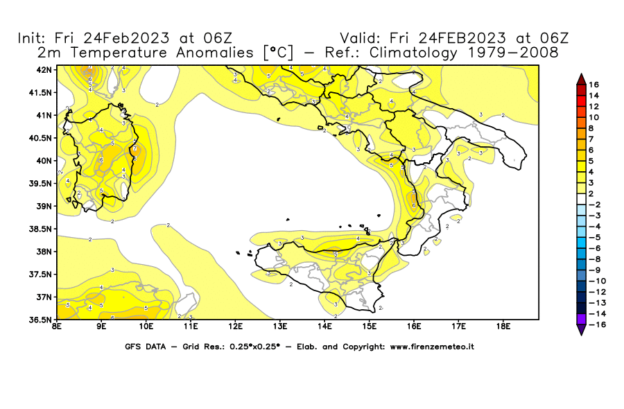 Mappa di analisi GFS - Anomalia Temperatura [°C] a 2 m in Sud-Italia
							del 24/02/2023 06 <!--googleoff: index-->UTC<!--googleon: index-->