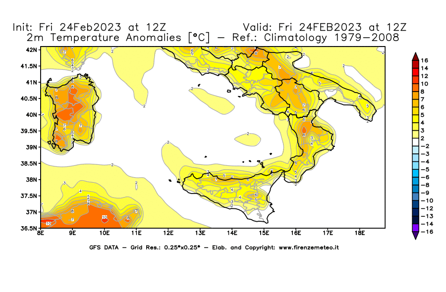 Mappa di analisi GFS - Anomalia Temperatura [°C] a 2 m in Sud-Italia
							del 24/02/2023 12 <!--googleoff: index-->UTC<!--googleon: index-->