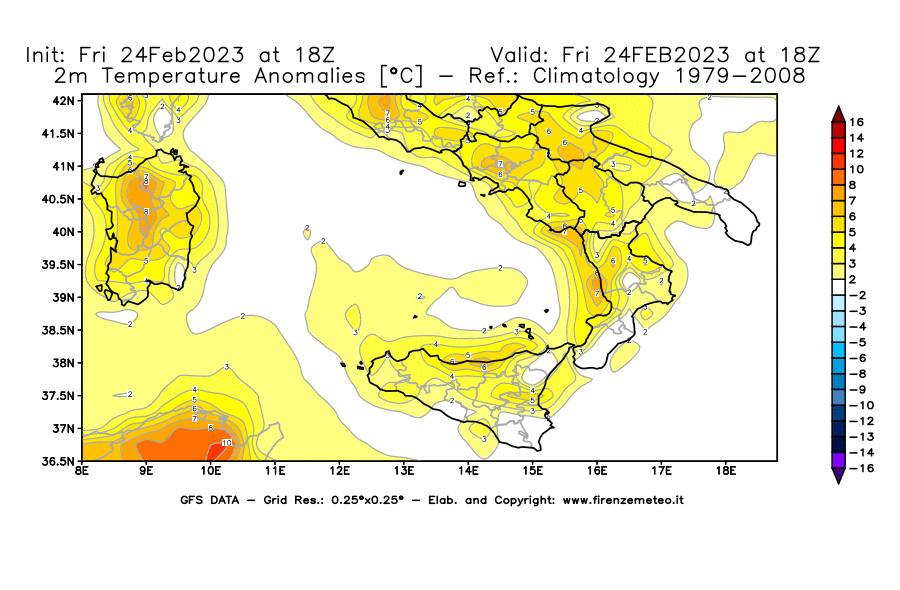 Mappa di analisi GFS - Anomalia Temperatura [°C] a 2 m in Sud-Italia
							del 24/02/2023 18 <!--googleoff: index-->UTC<!--googleon: index-->